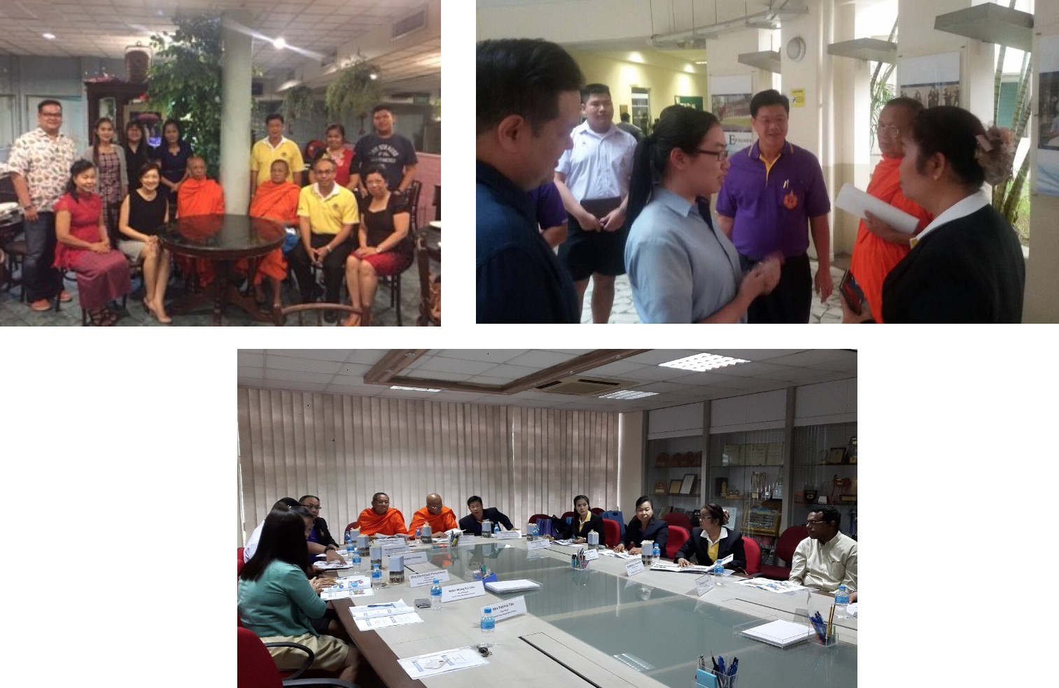 Three photos showing groups of people including Buddhist monks in orange robes meeting and sitting at a conference table.